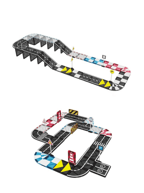 פליימאגר ערכת כבישים מגנטיים + 2 מכוניות עץ