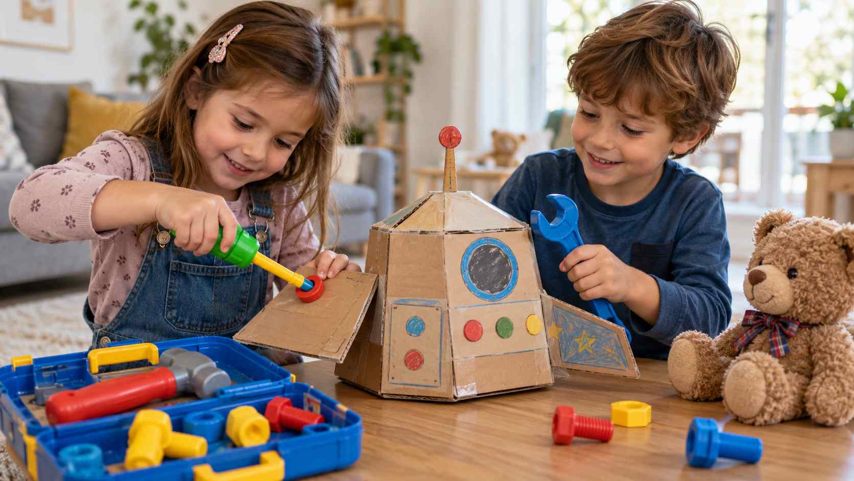 ילדה וילד משחקים בכלי עבודה מפלסטיק ומתקנים חללית מקרטון